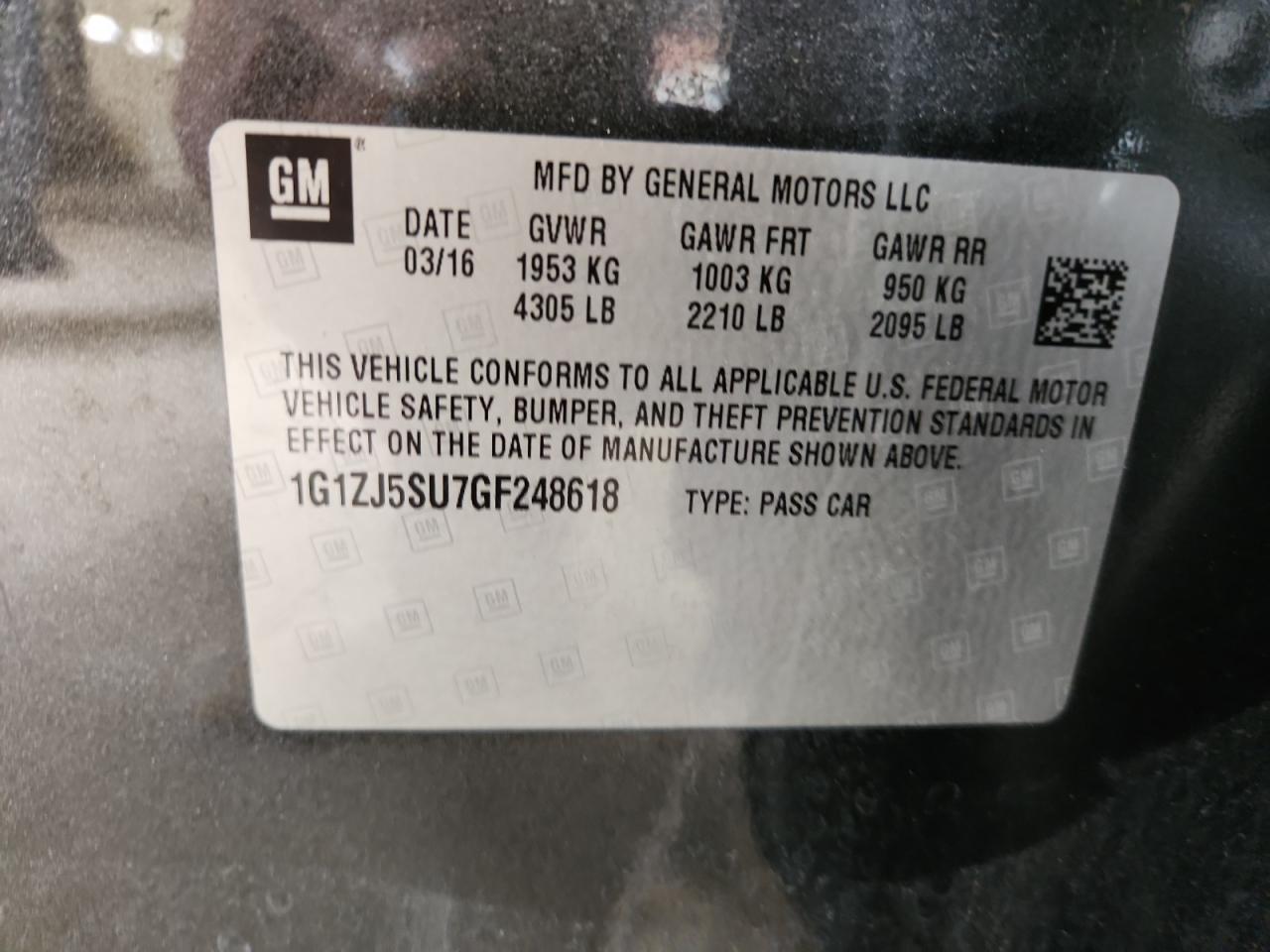 2016 Chevrolet Malibu Hybrid VIN: 1G1ZJ5SU7GF248618 Lot: 65588865
