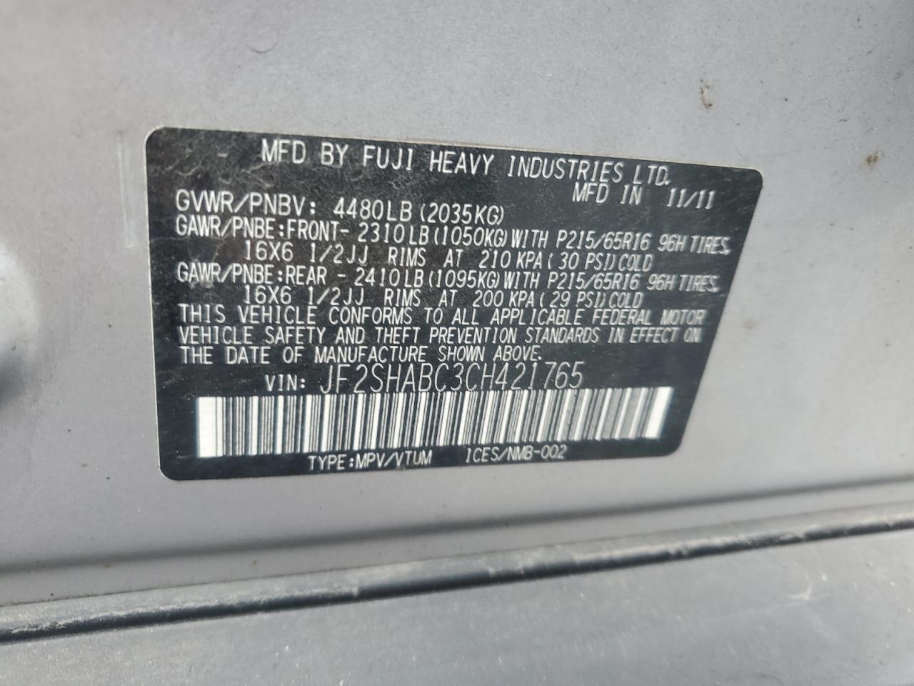2012 Subaru Forester 2.5X VIN: JF2SHABC3CH421765 Lot: 65121715