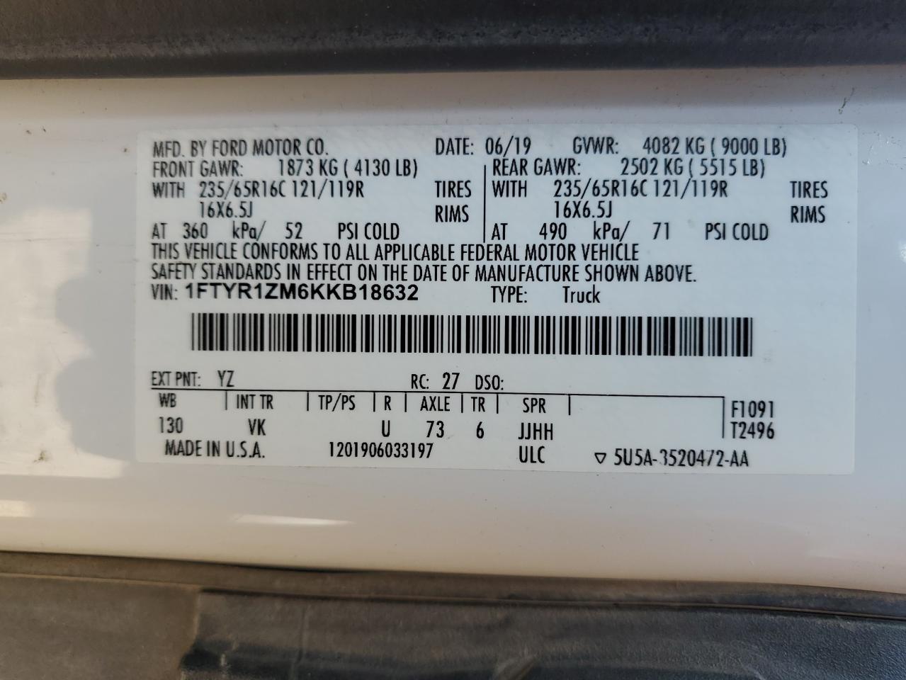2019 Ford Transit T-250 VIN: 1FTYR1ZM6KKB18632 Lot: 64304455