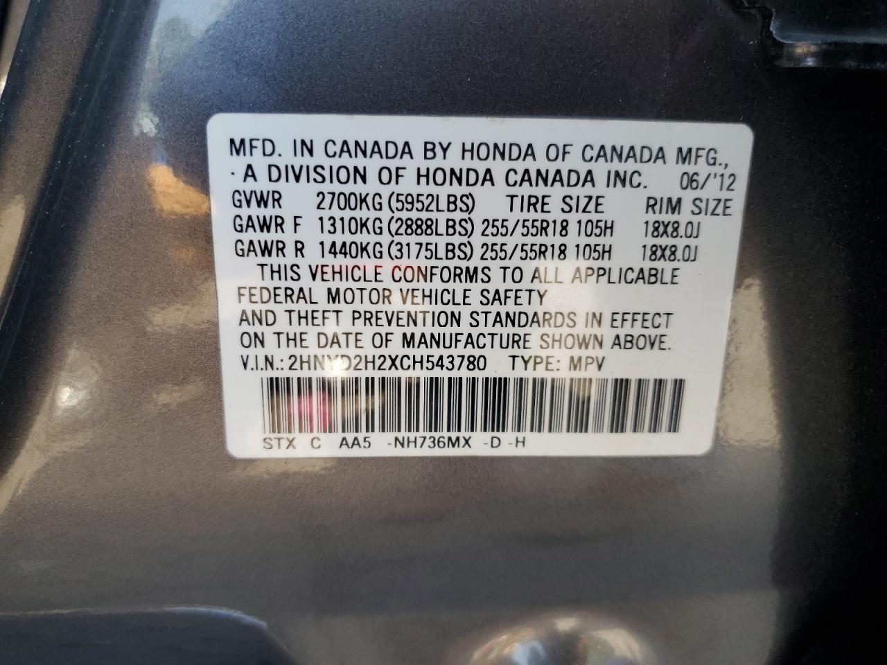2hnyd2h2xch543780 2HNYD2H2XCH543780 2012 Acura Mdx