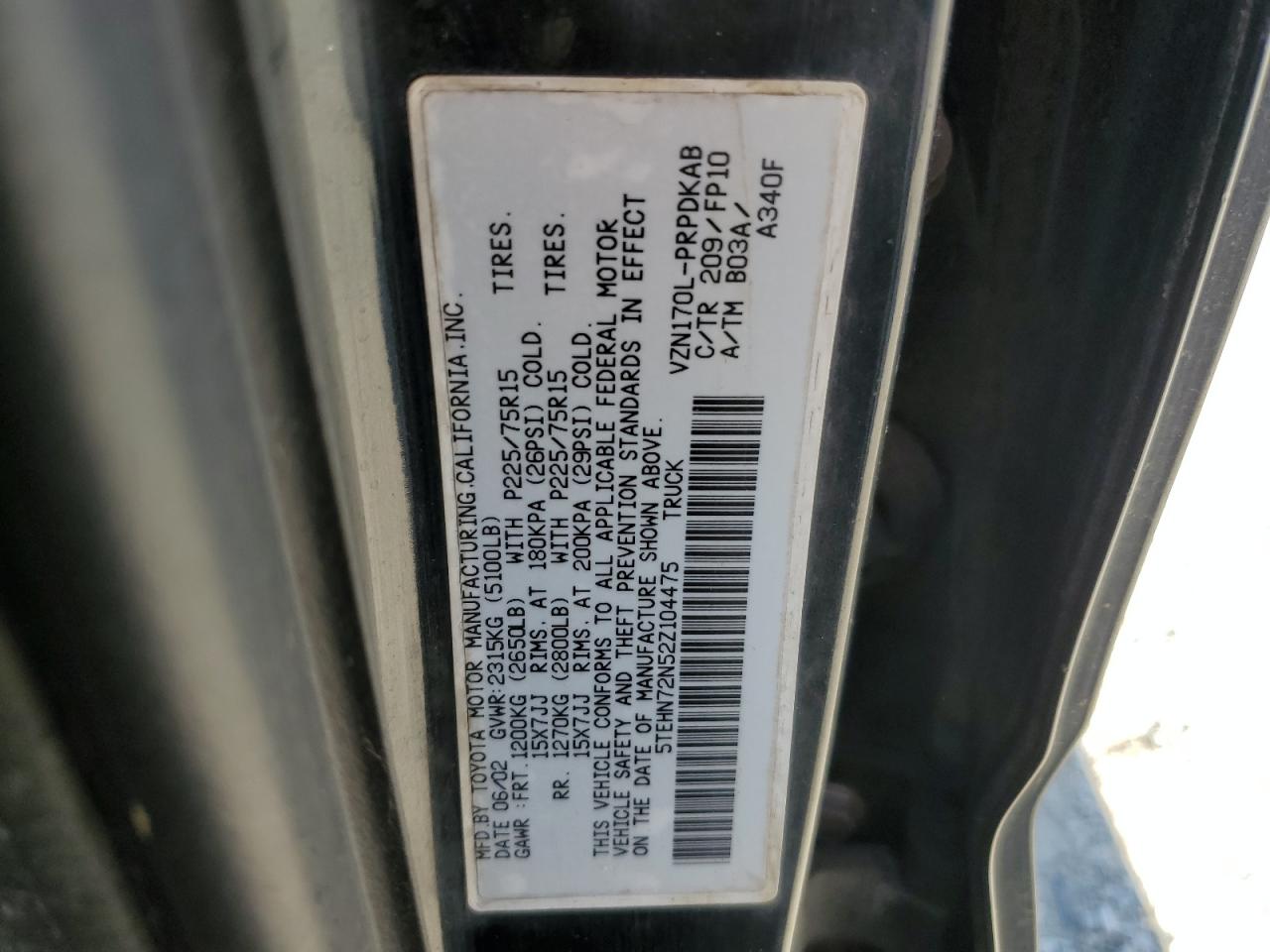 2002 Toyota Tacoma Double Cab VIN: 5TEHN72N52Z104475 Lot: 63593765