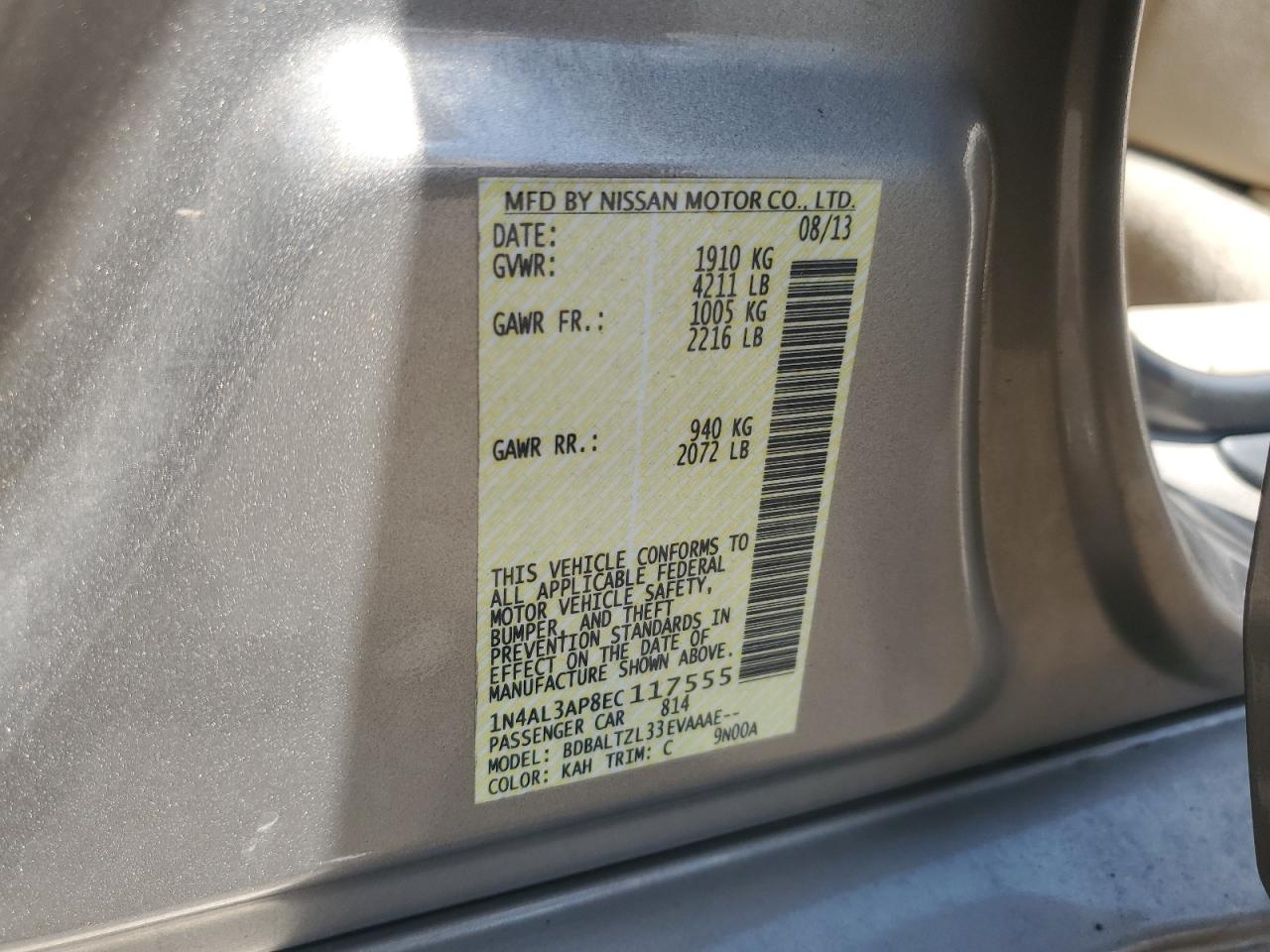 2014 Nissan Altima 2.5 VIN: 1N4AL3AP8EC117555 Lot: 63692145