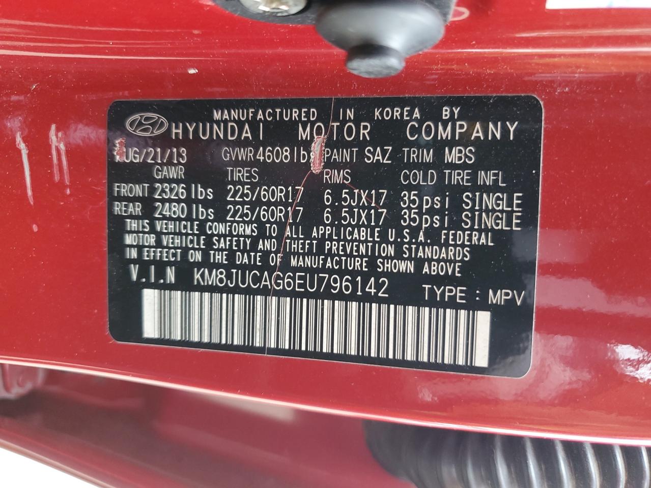 2014 Hyundai Tucson Gls VIN: KM8JUCAG6EU796142 Lot: 64586025