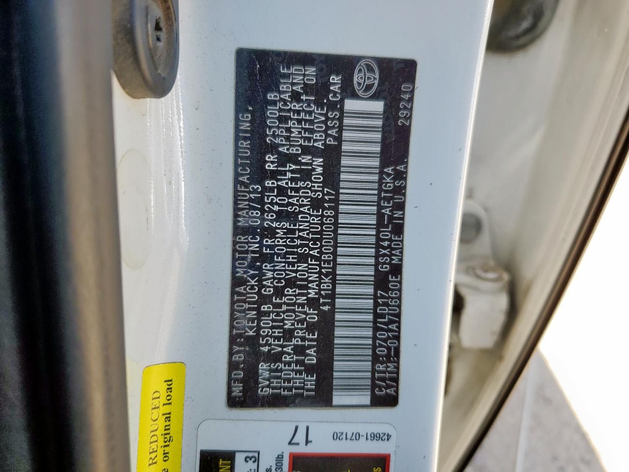 2013 Toyota Avalon Base VIN: 4T1BK1EB0DU068117 Lot: 63635815
