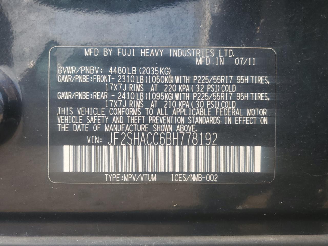 2011 Subaru Forester 2.5X Premium VIN: JF2SHACC6BH778192 Lot: 64359575
