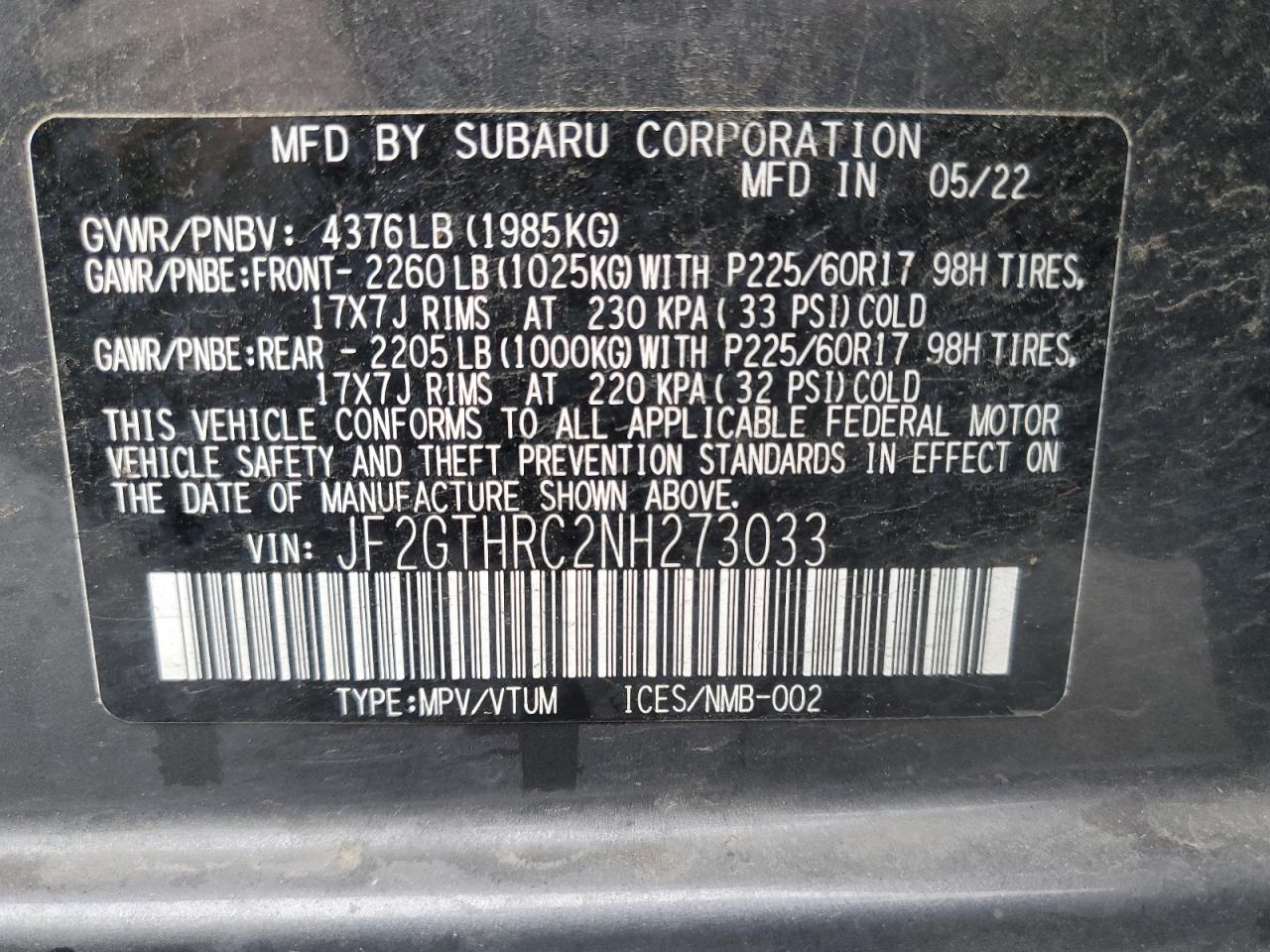 2022 Subaru Crosstrek Sport VIN: JF2GTHRC2NH273033 Lot: 63790225