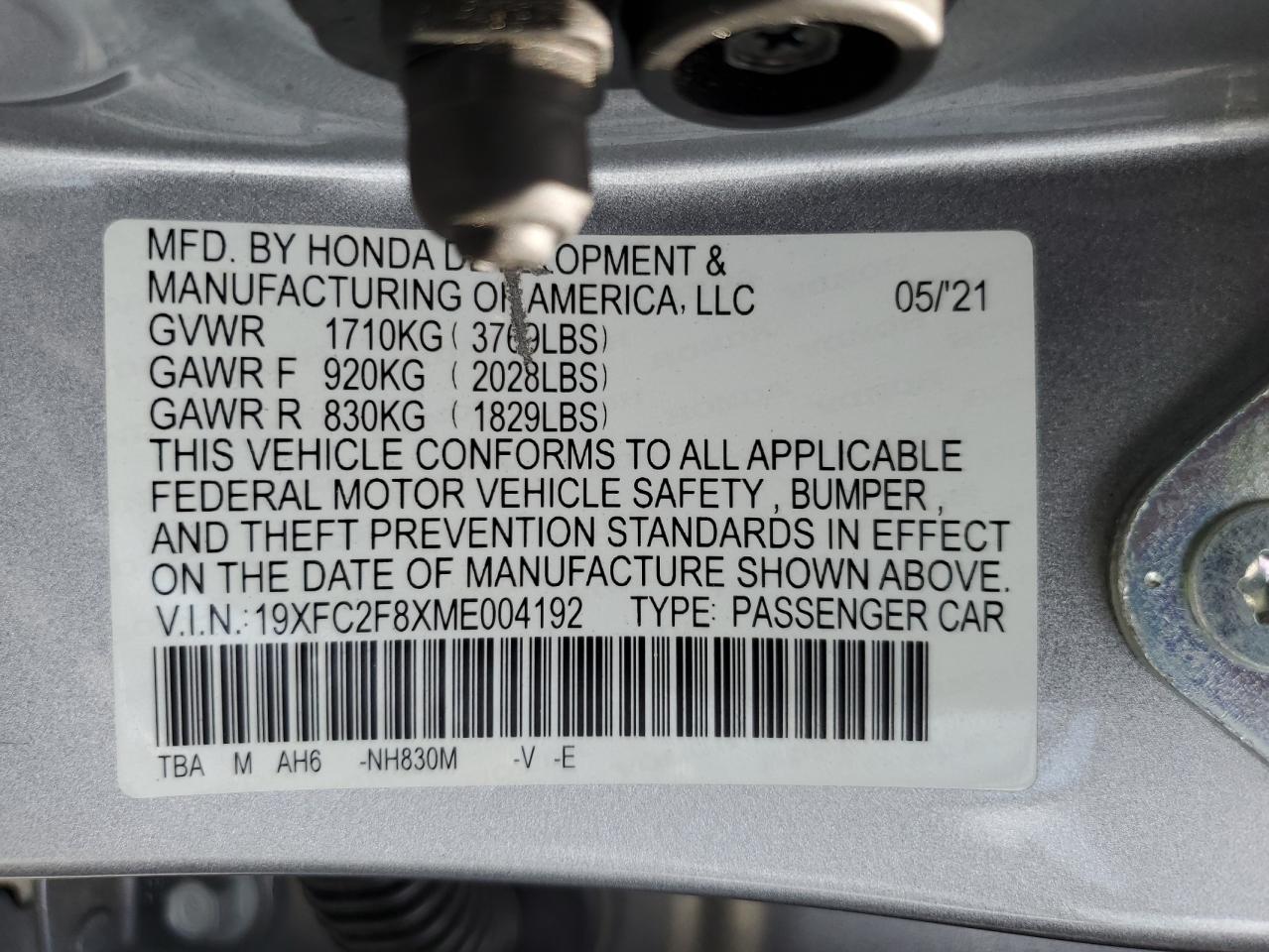 2021 Honda Civic Sport VIN: 19XFC2F8XME004192 Lot: 66557495