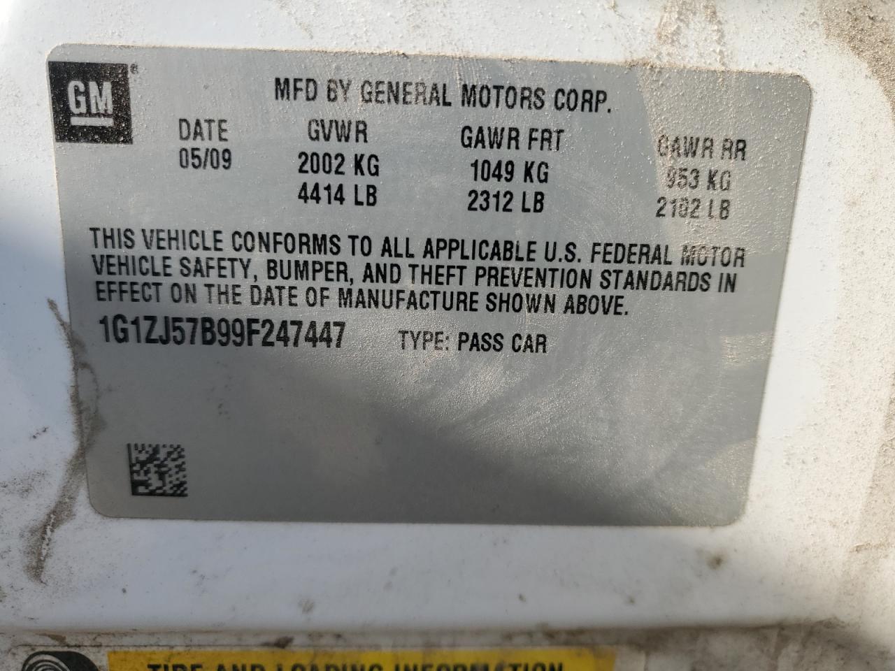 2009 Chevrolet Malibu 2Lt VIN: 1G1ZJ57B99F247447 Lot: 65802065