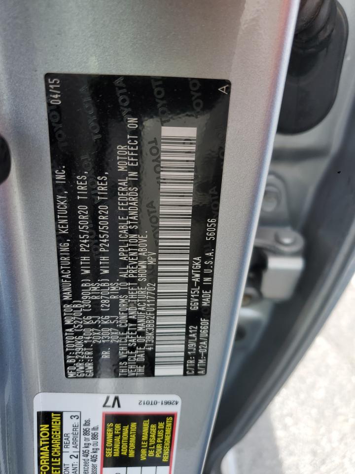 2015 Toyota Venza Le VIN: 4T3BK3BB2FU117702 Lot: 64964095