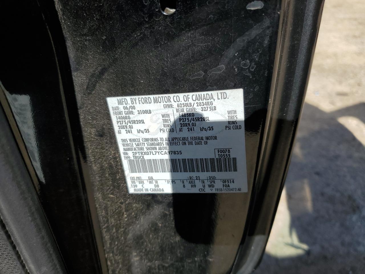 2000 Ford F150 VIN: 2FTRX07L7YCA97835 Lot: 65135825