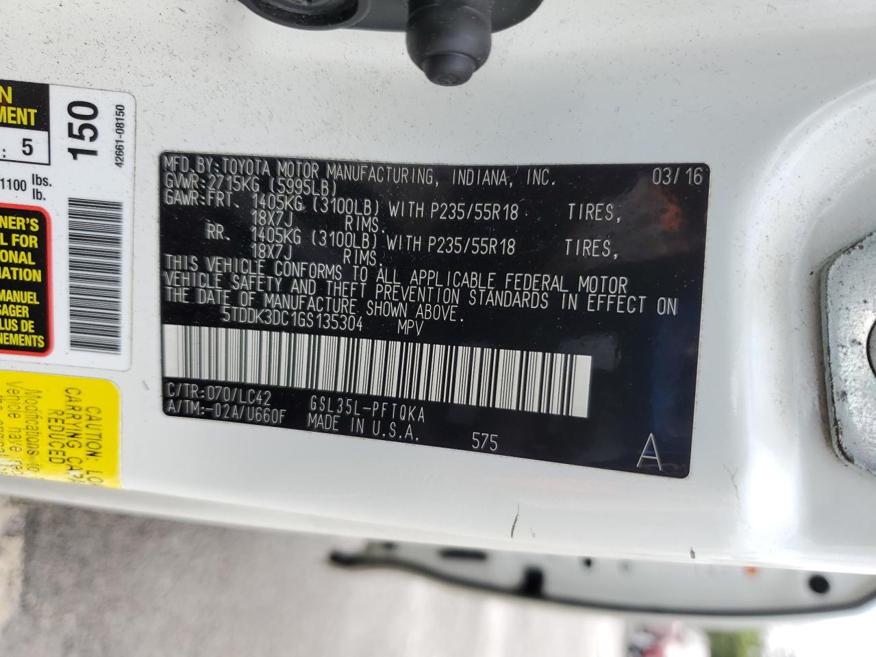 2016 Toyota Sienna Xle VIN: 5TDDK3DC1GS135304 Lot: 64148235
