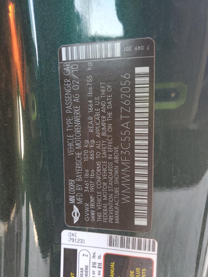 2010 Mini Cooper VIN: WMWMF3C55ATZ62056 Lot: 65567745