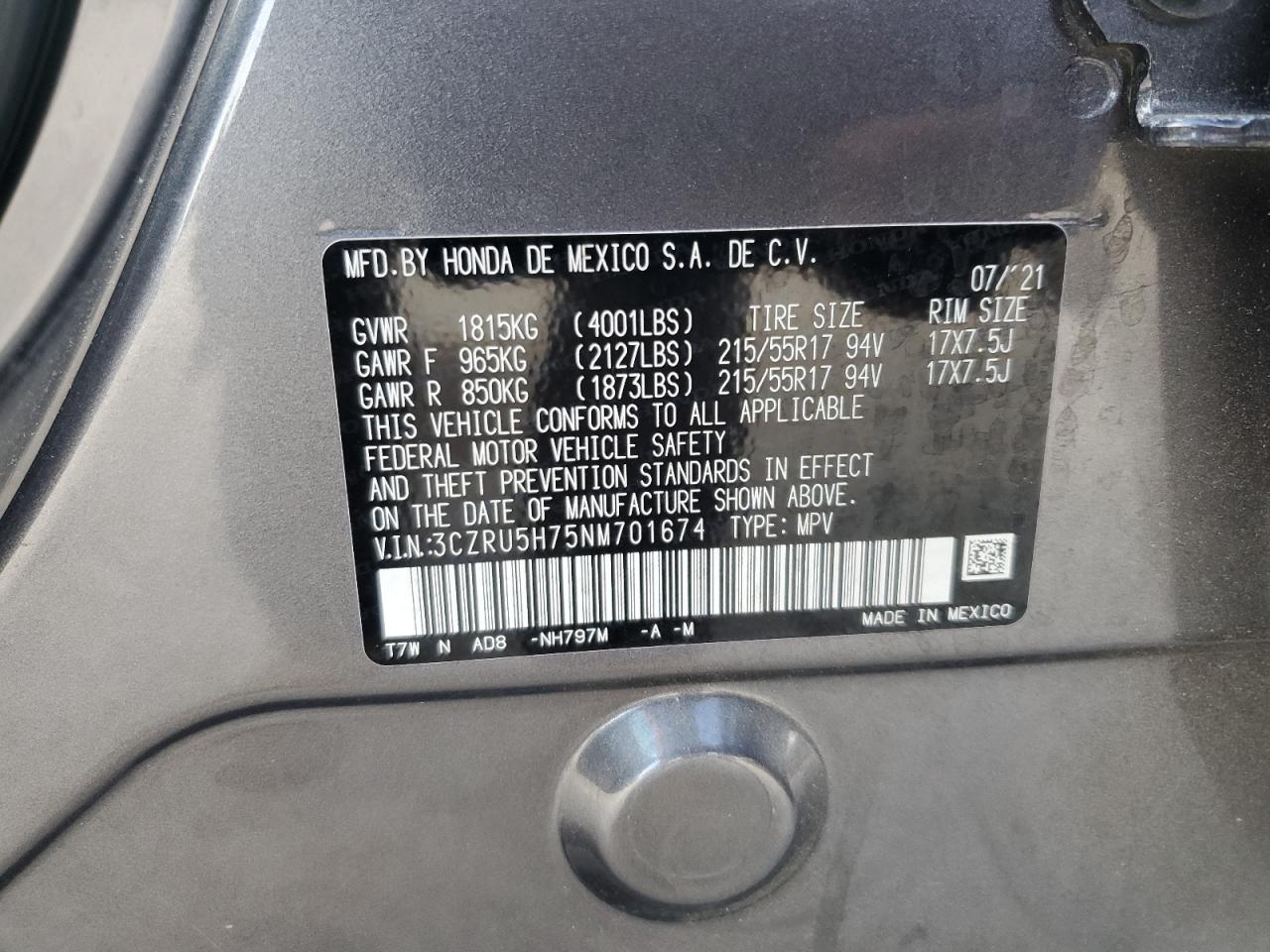 2022 Honda Hr-V Exl VIN: 3CZRU5H75NM701674 Lot: 64885915