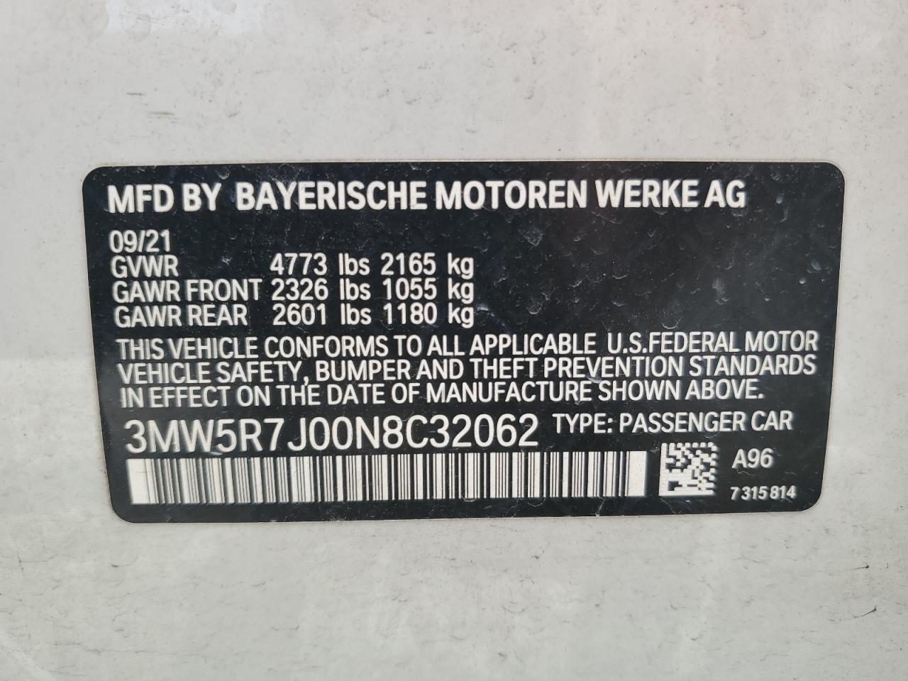 2022 BMW 330Xi VIN: 3MW5R7J00N8C32062 Lot: 64611835