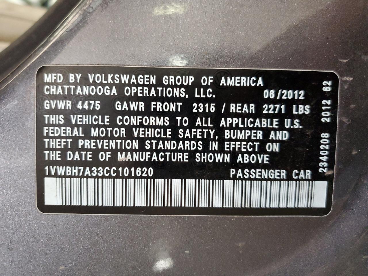 2012 Volkswagen Passat Se VIN: 1VWBH7A33CC101620 Lot: 63377115