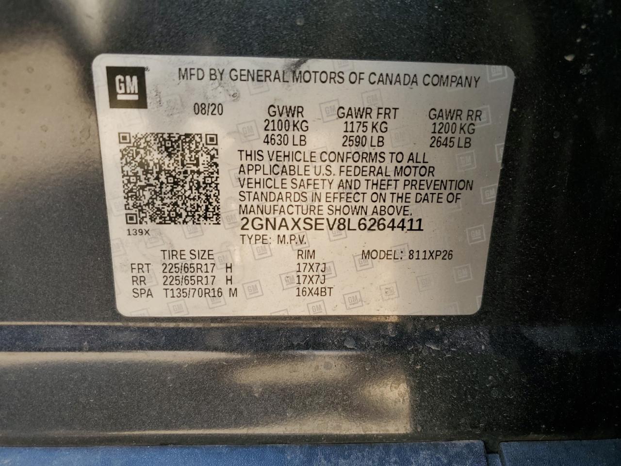 2020 Chevrolet Equinox Ls VIN: 2GNAXSEV8L6264411 Lot: 65621055