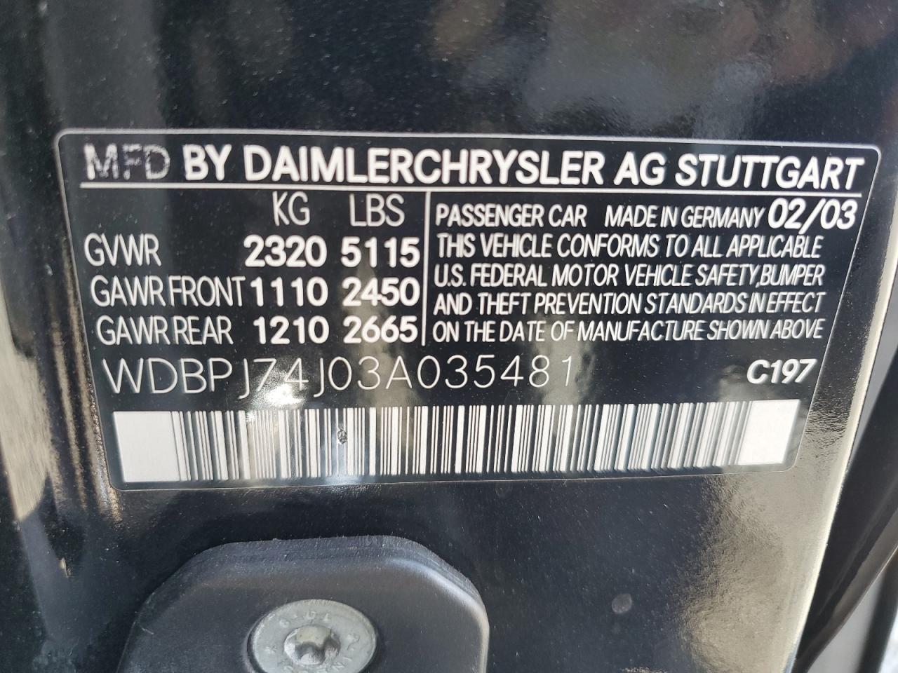 2003 Mercedes-Benz Cl 55 Amg VIN: WDBPJ74J03A035481 Lot: 63943945