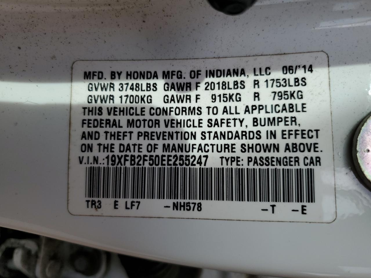 2014 Honda Civic Lx VIN: 19XFB2F50EE255247 Lot: 65249095