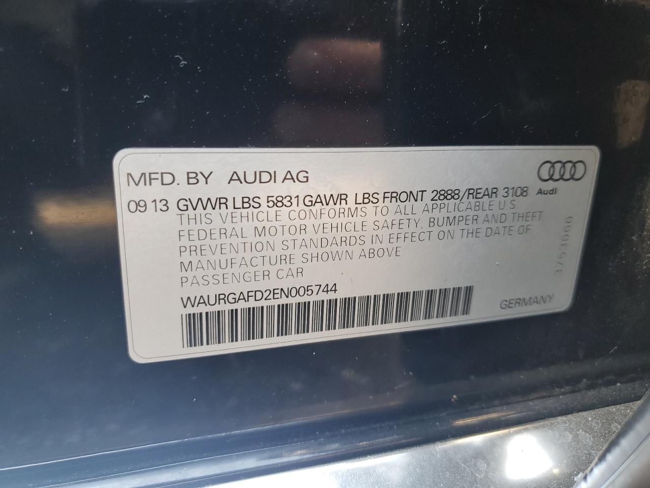 2014 Audi A8 L Quattro VIN: WAURGAFD2EN005744 Lot: 63672445