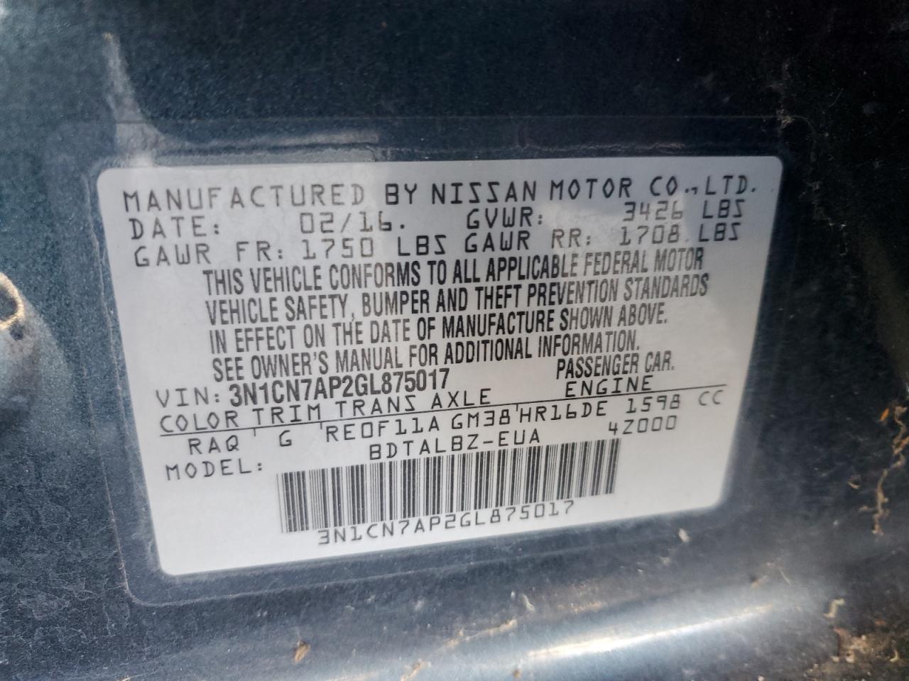 2016 Nissan Versa S VIN: 3N1CN7AP2GL875017 Lot: 65212205