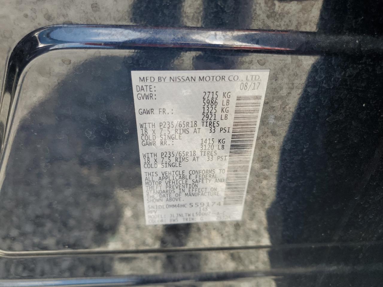 2017 Infiniti Qx60 VIN: 5N1DL0MM4HC559174 Lot: 62478055