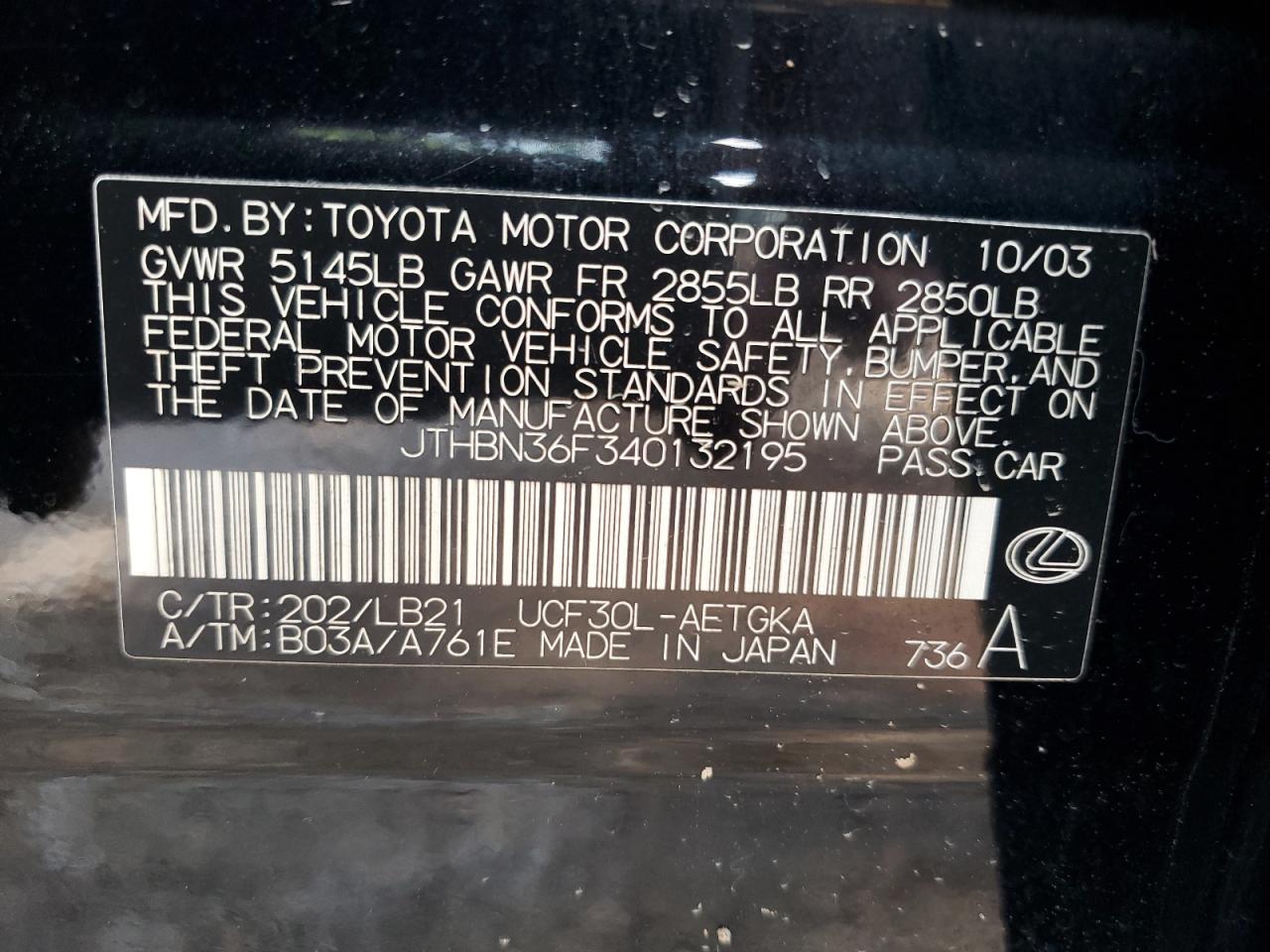 2004 Lexus Ls 430 VIN: JTHBN36F340132195 Lot: 64545595