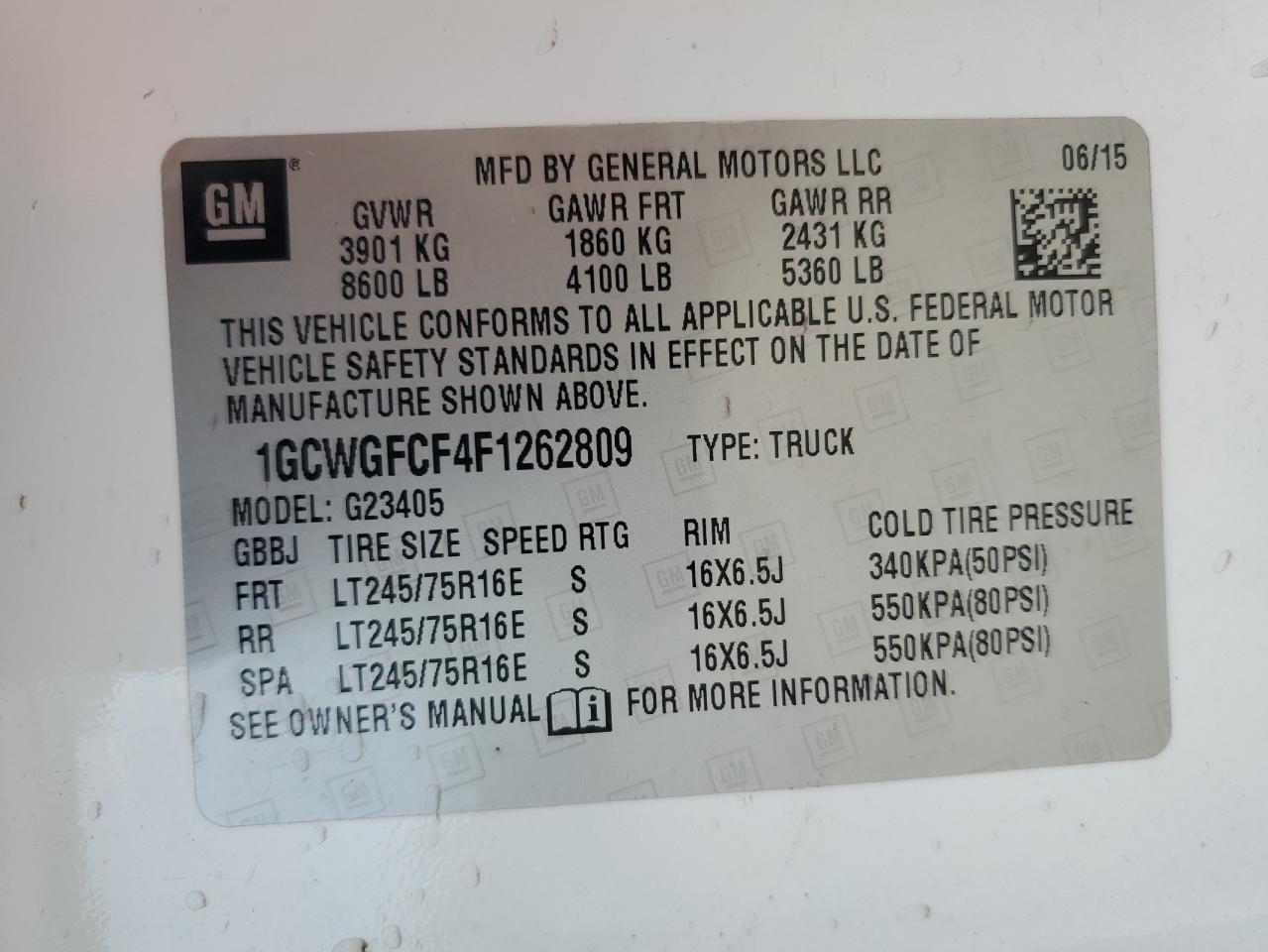 2015 Chevrolet Express G2500 VIN: 1GCWGFCF4F1262809 Lot: 65378445