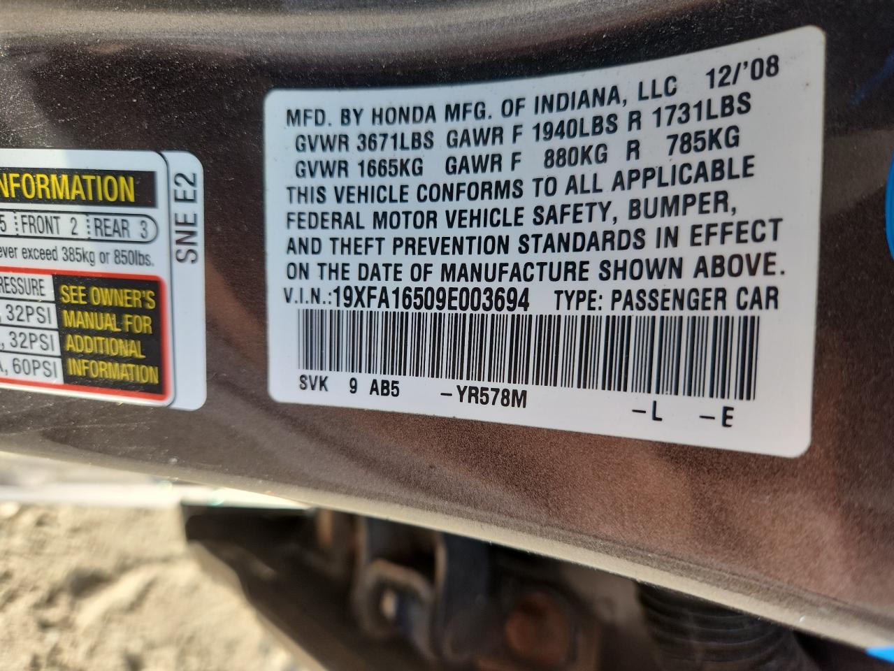 2009 Honda Civic Lx VIN: 19XFA16509E003694 Lot: 64574565