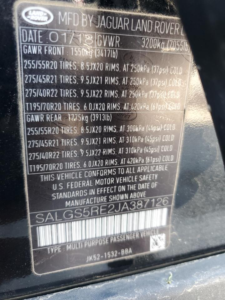 2018 Land Rover Range Rover Supercharged VIN: SALGS5RE2JA387126 Lot: 64439245