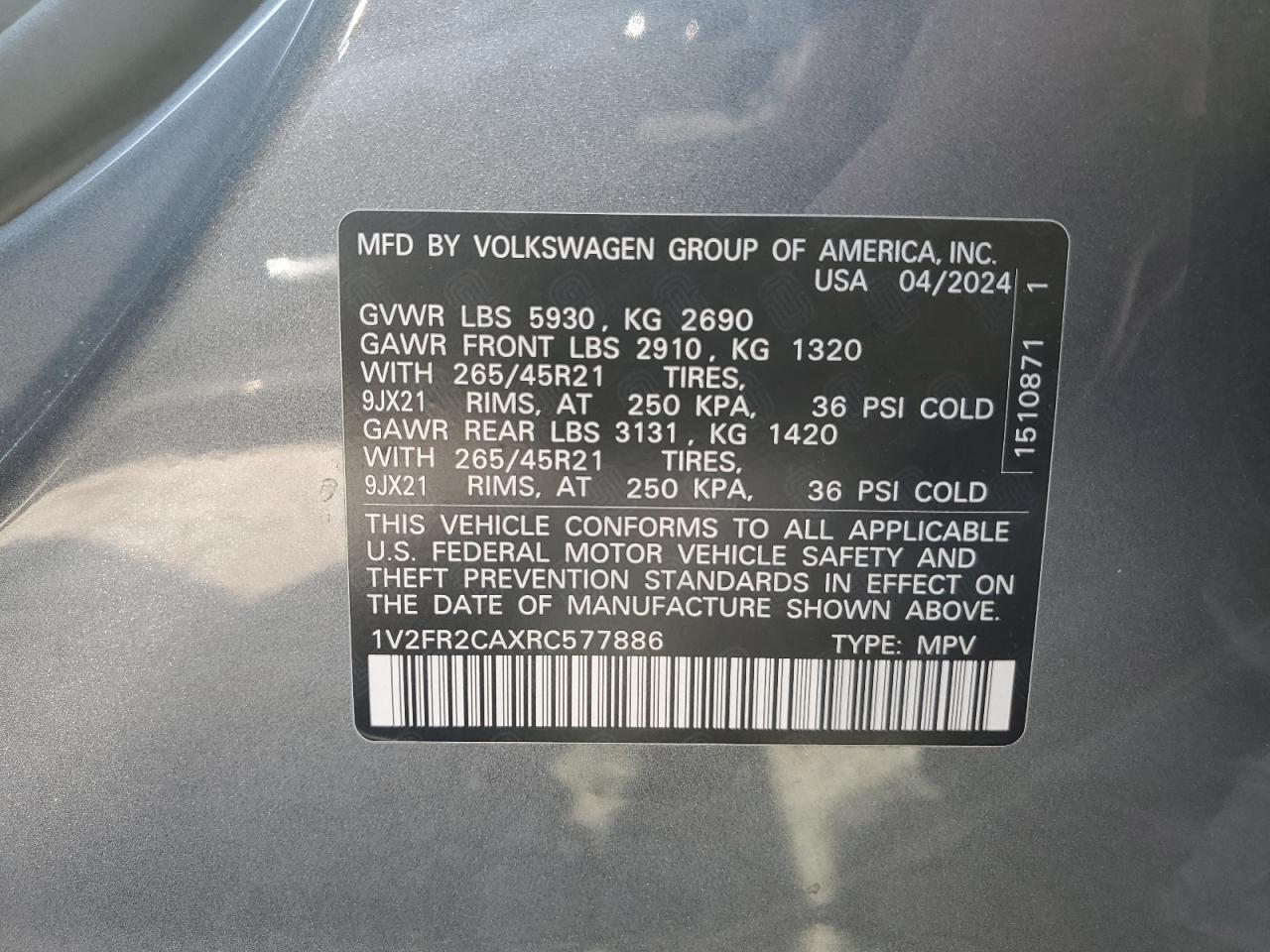 2024 Volkswagen Atlas Sel Premium R-Line VIN: 1V2FR2CAXRC577886 Lot: 66394915