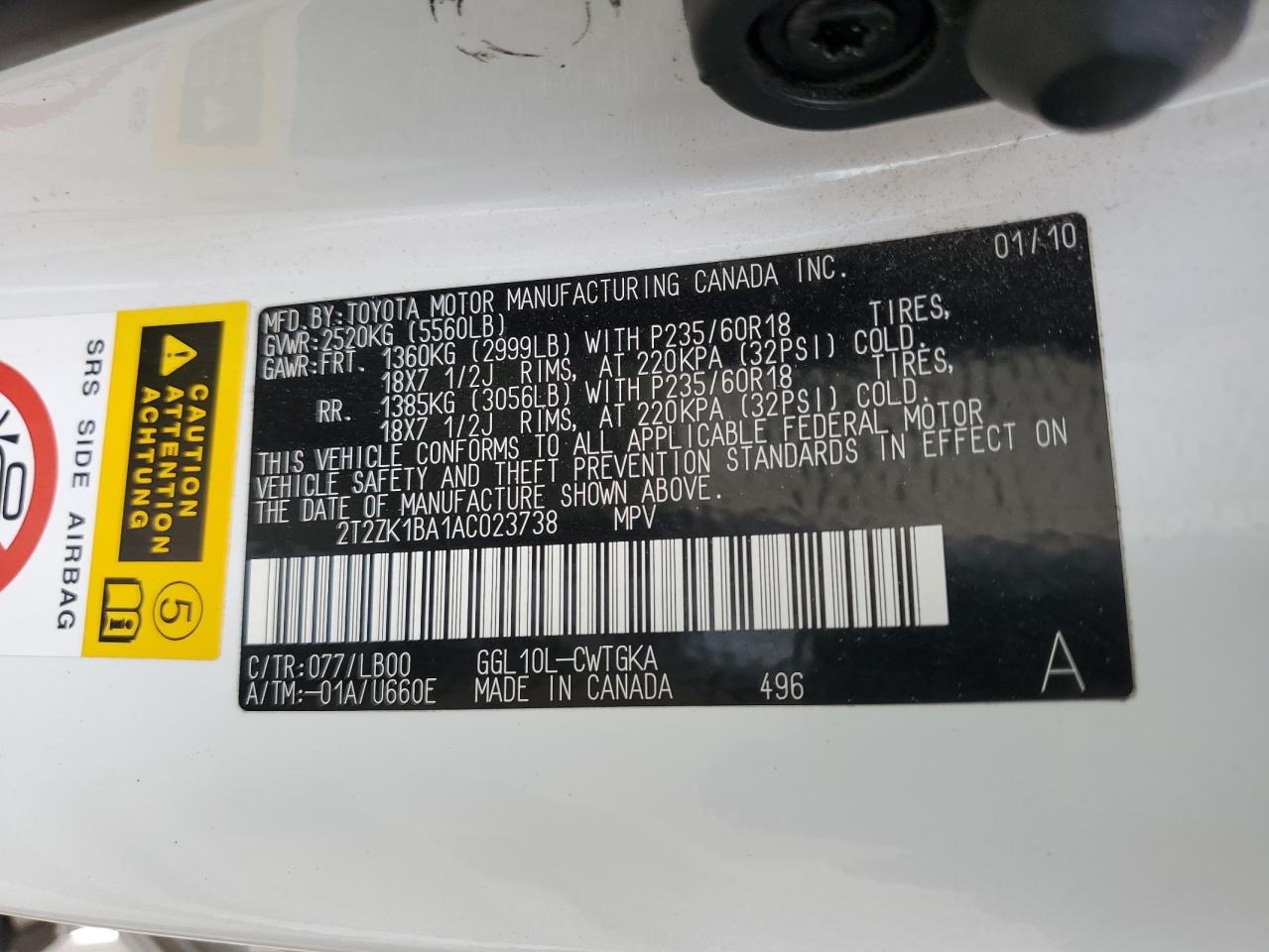 2010 Lexus Rx 350 VIN: 2T2ZK1BA1AC023738 Lot: 65009105