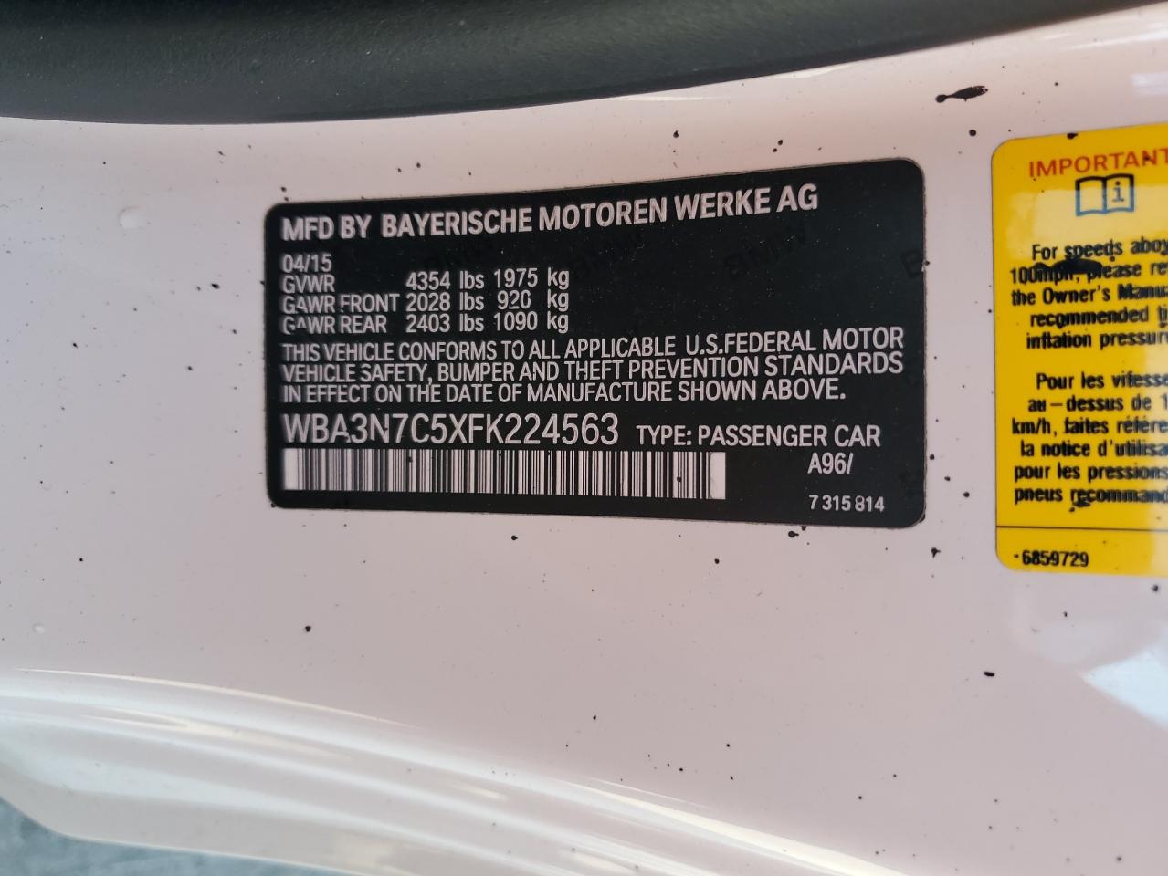 2015 BMW 428 I VIN: WBA3N7C5XFK224563 Lot: 63699015