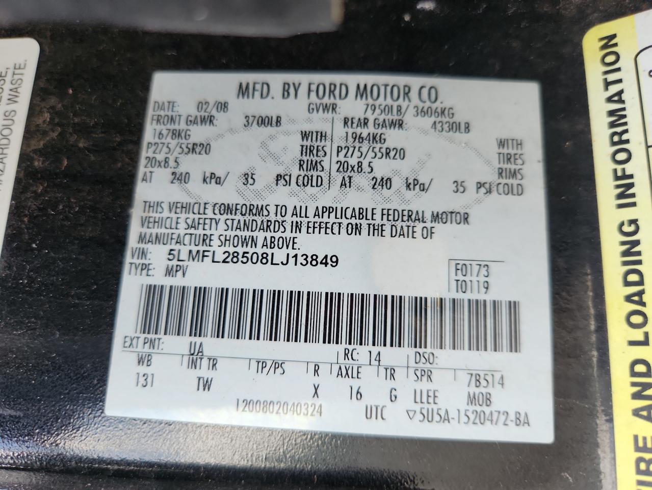 2008 Lincoln Navigator L VIN: 5LMFL28508LJ13849 Lot: 63489555