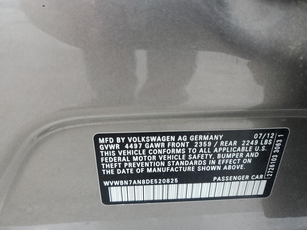 2013 Volkswagen Cc Sport VIN: WVWBN7AN8DE520825 Lot: 65534205