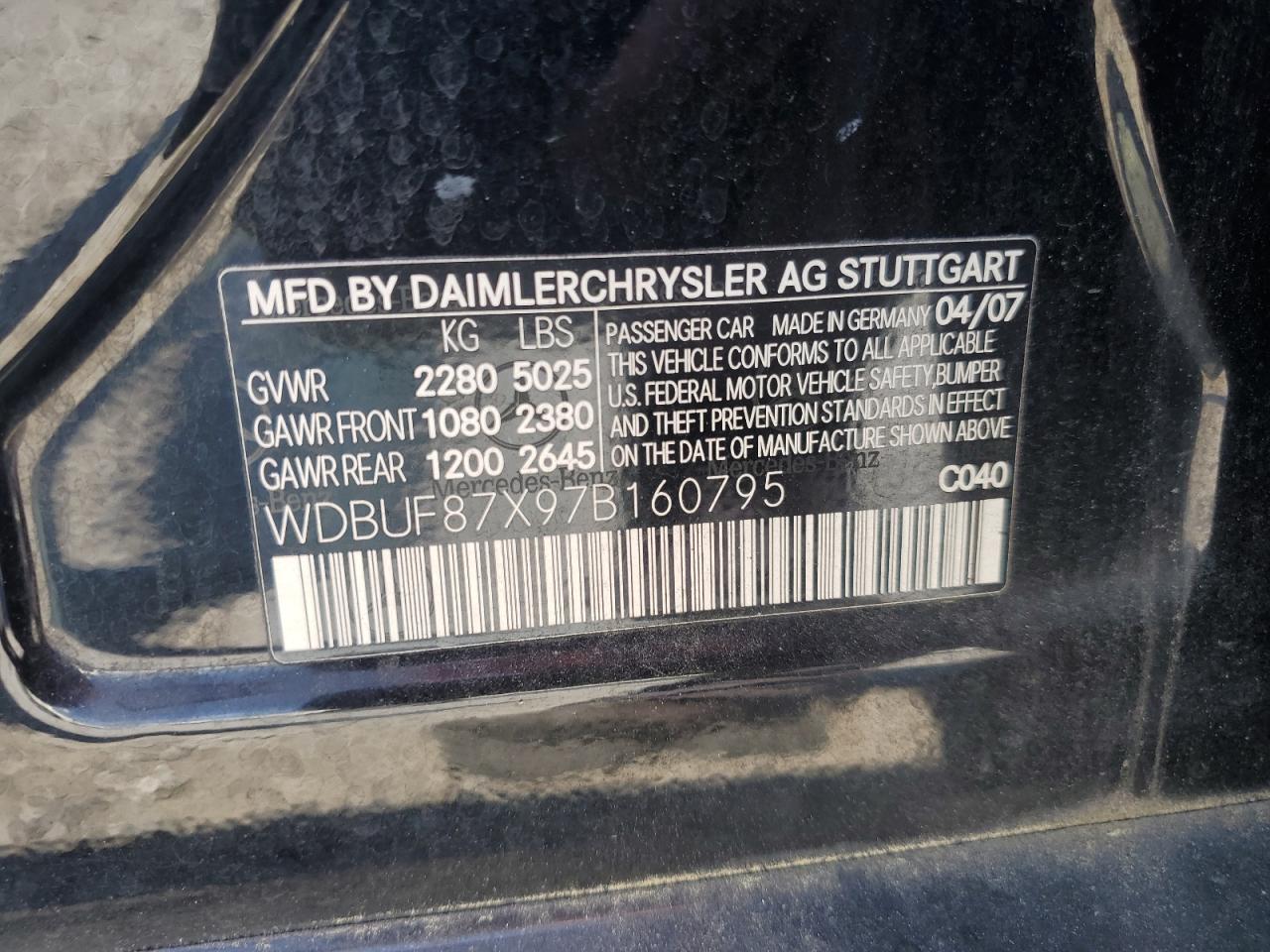 2007 Mercedes-Benz E 350 4Matic VIN: WDBUF87X97B160795 Lot: 63691205