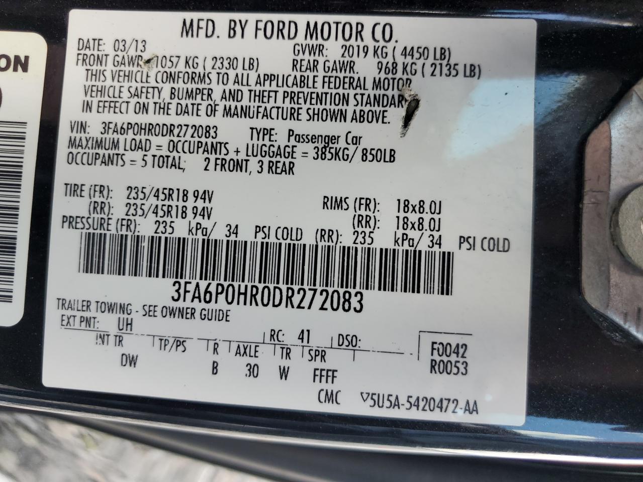 2013 Ford Fusion Se VIN: 3FA6P0HR0DR272083 Lot: 65296485