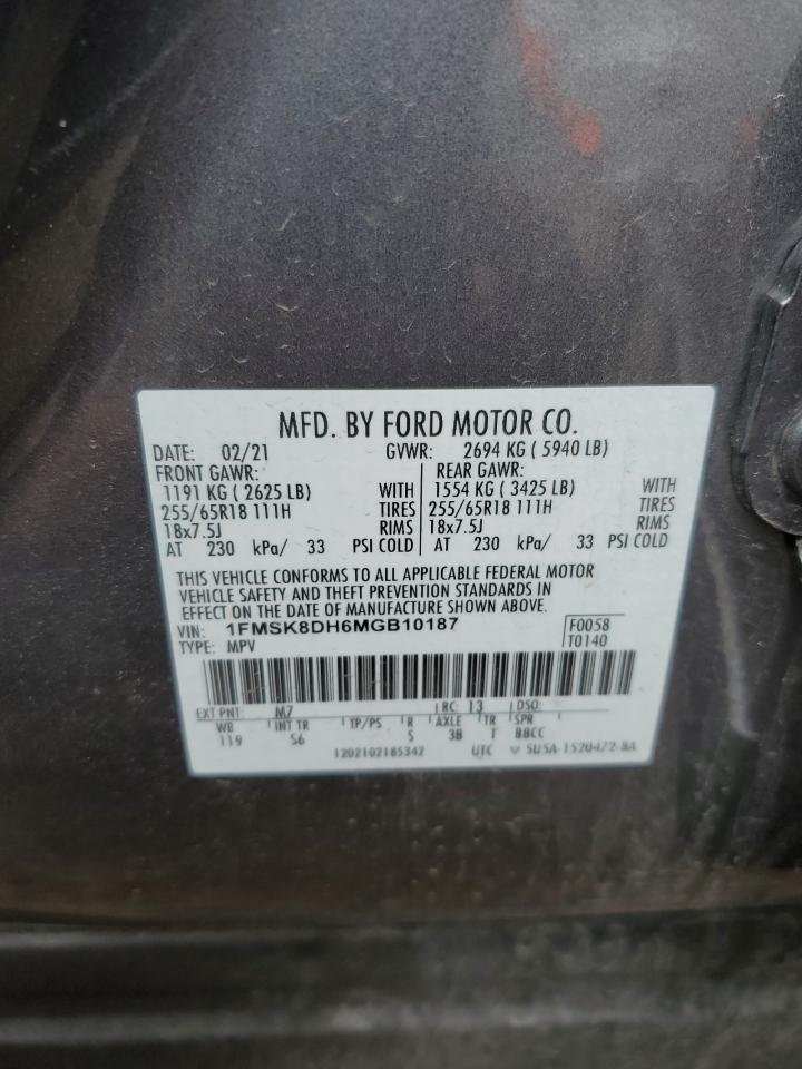 2021 Ford Explorer Xlt VIN: 1FMSK8DH6MGB10187 Lot: 62508565