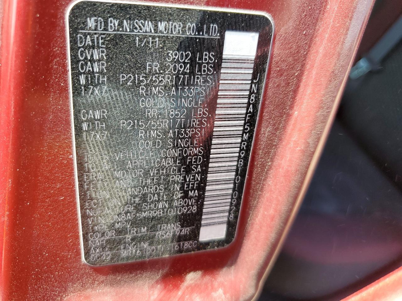 2011 Nissan Juke S VIN: JN8AF5MR9BT010928 Lot: 66014605