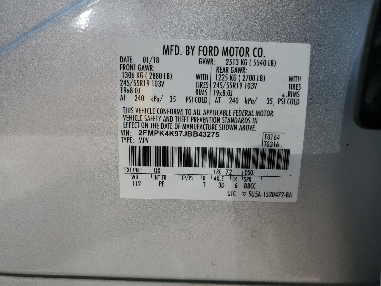 2018 Ford Edge Titanium VIN: 2FMPK4K97JBB43275 Lot: 65977595