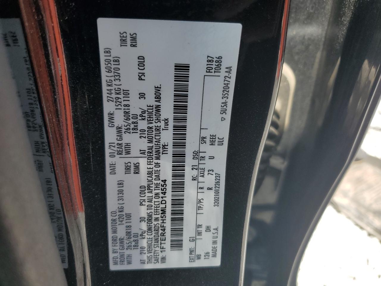 2021 Ford Ranger Xl VIN: 1FTER4FH5MLD14554 Lot: 64280435