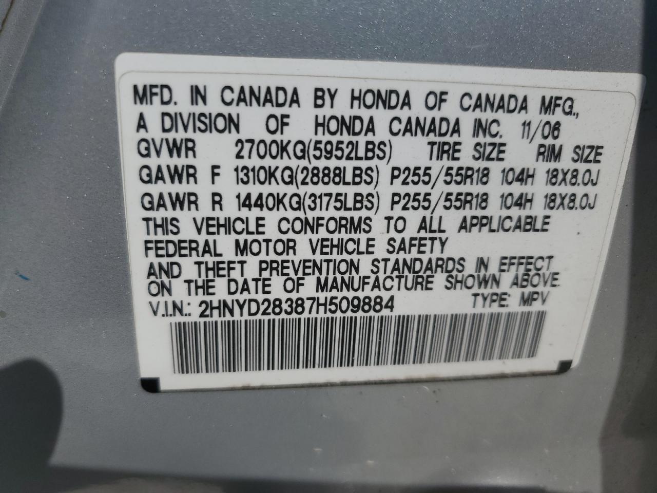 2007 Acura Mdx Technology VIN: 2HNYD28387H509884 Lot: 63440845