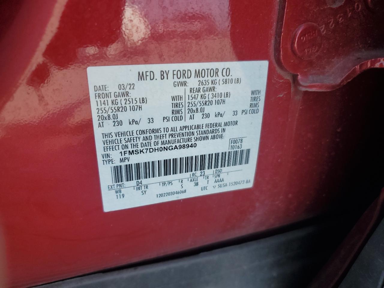2022 Ford Explorer Xlt VIN: 1FMSK7DH0NGA98940 Lot: 63964175