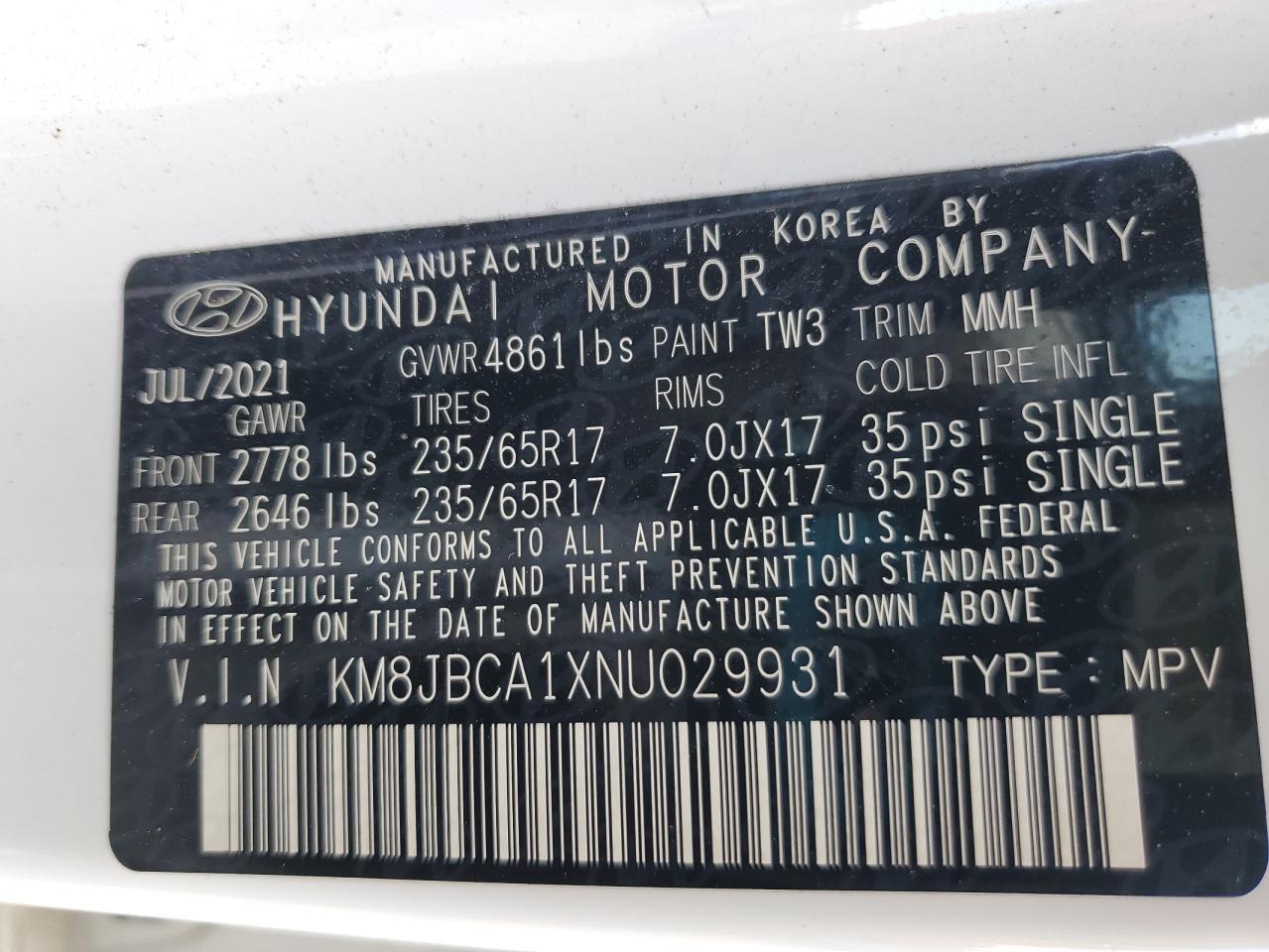 2022 Hyundai Tucson Blue VIN: KM8JBCA1XNU029931 Lot: 65413895