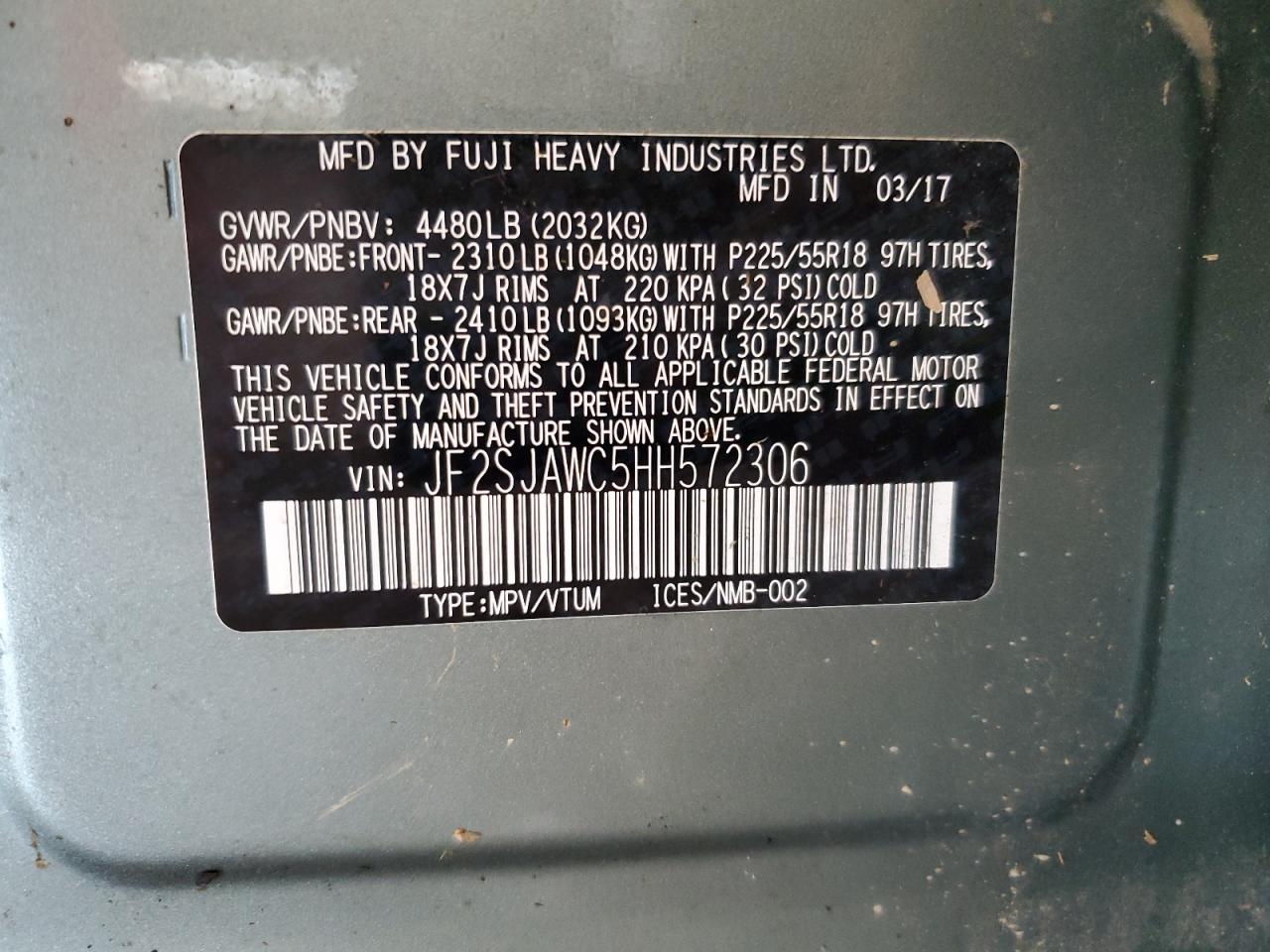 2017 Subaru Forester 2.5I Touring VIN: JF2SJAWC5HH572306 Lot: 63699995