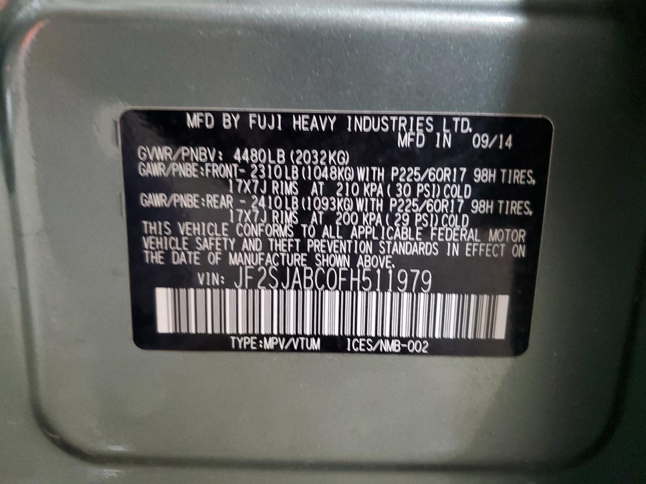 2015 Subaru Forester 2.5I VIN: JF2SJABC0FH511979 Lot: 63835135