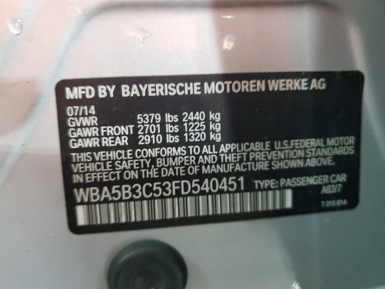 2015 BMW 535 Xi VIN: WBA5B3C53FD540451 Lot: 62138885