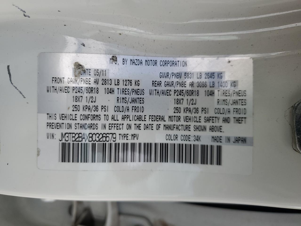 2011 Mazda Cx-9 VIN: JM3TB2BAXB0326679 Lot: 64827925