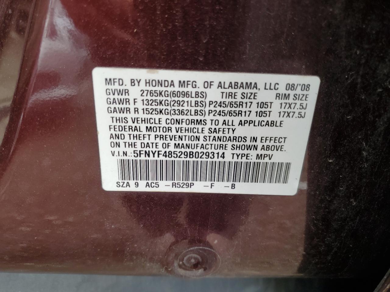 2009 Honda Pilot Exl VIN: 5FNYF48529B029314 Lot: 63829925