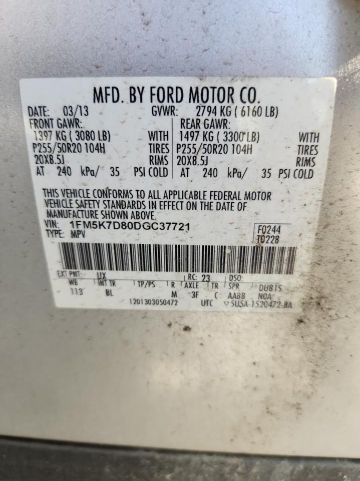 2013 Ford Explorer Xlt VIN: 1FM5K7D80DGC37721 Lot: 64626185