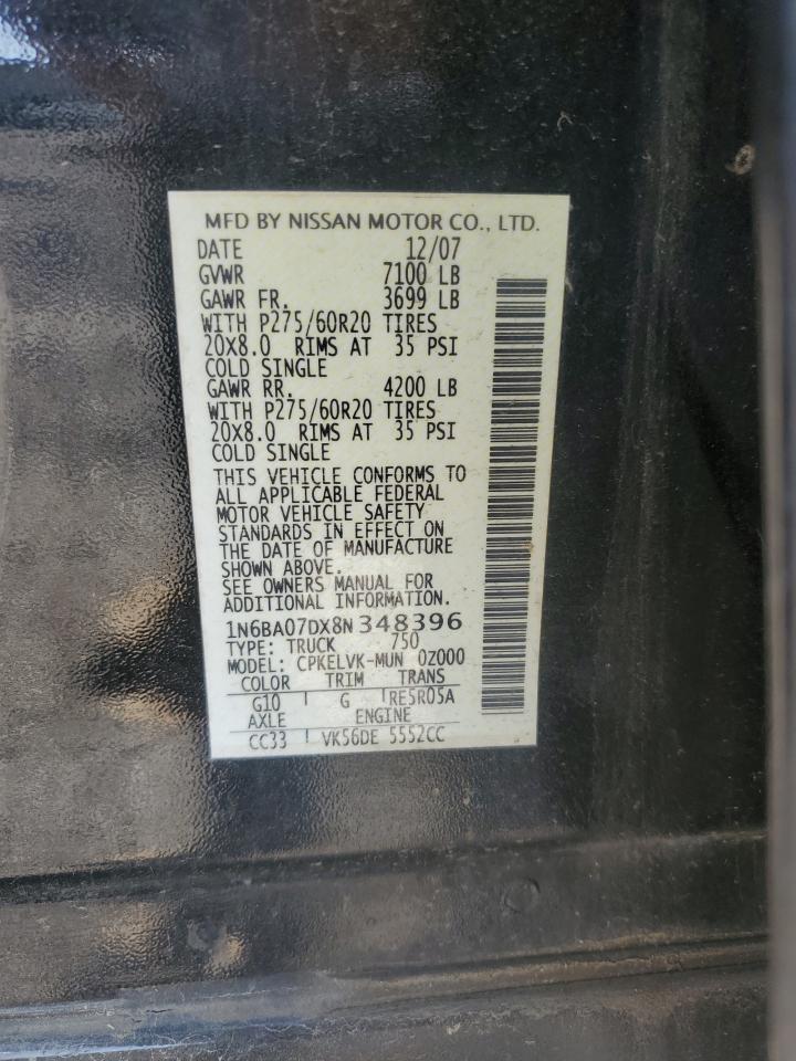 2008 Nissan Titan Xe VIN: 1N6BA07DX8N348396 Lot: 65171235